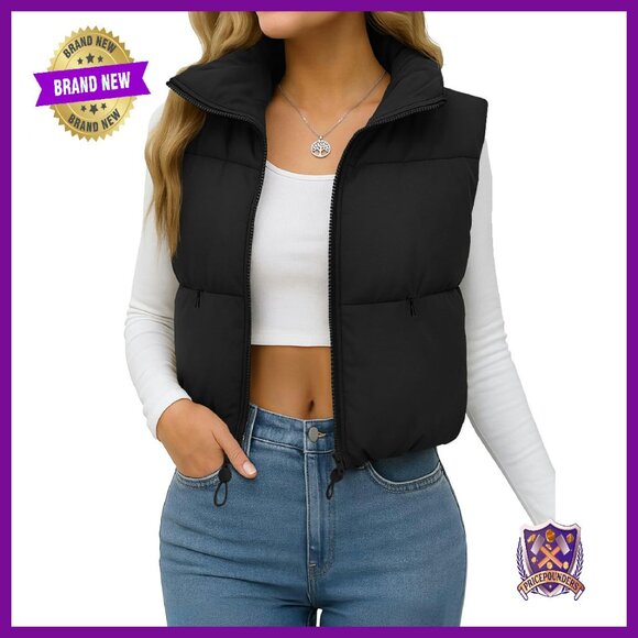 Lightweight Cropped Puffer Vest with Stand Collar & Drawstring